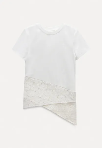Asymmetric Hem T-Shirt with Lace Panel