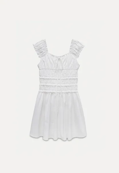 Women’s White Ruched Puff Sleeve Dress