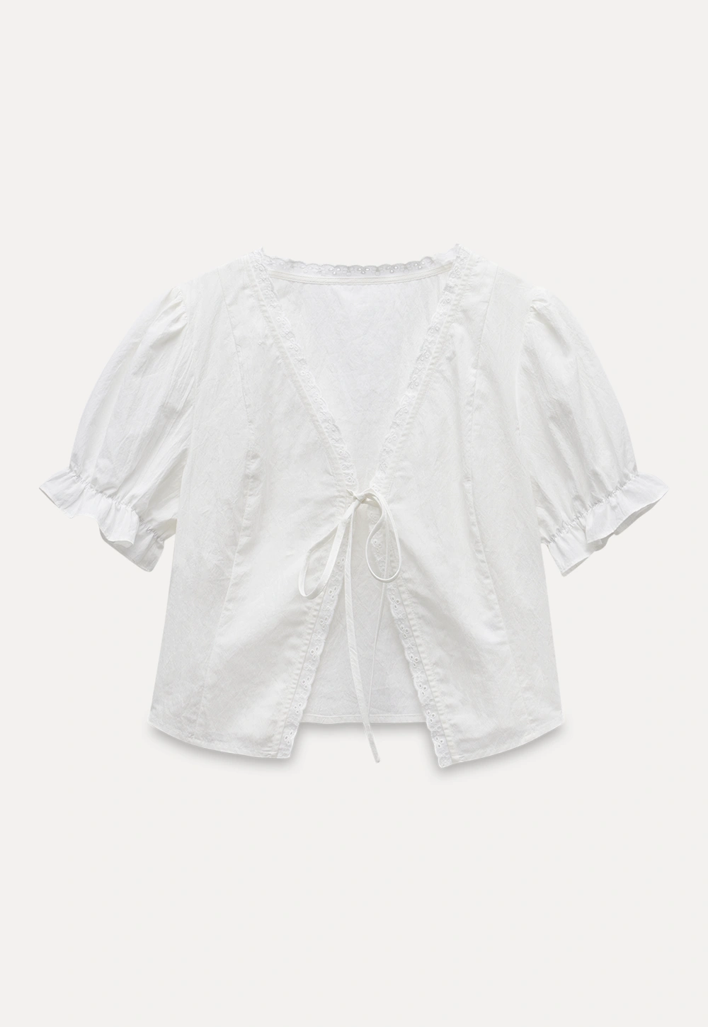 Eyelet Trim Puff Sleeve Tie-Front Blouse