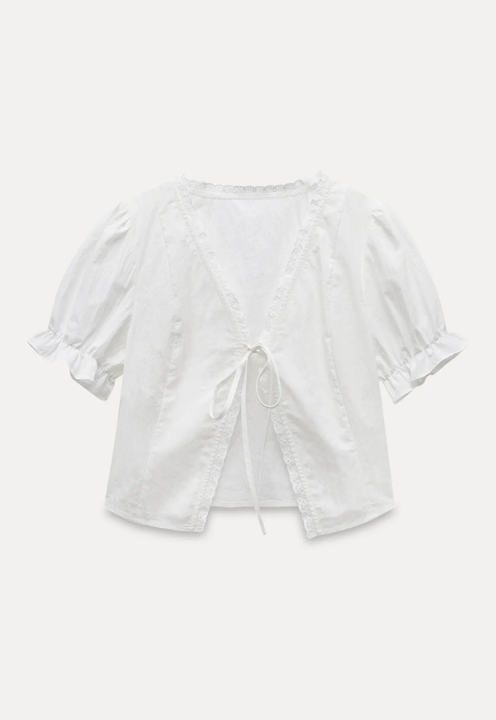 Eyelet Trim Puff Sleeve Tie-Front Blouse