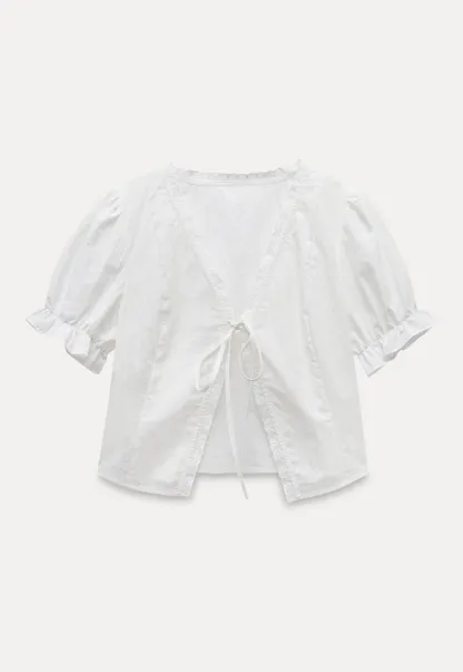 Eyelet Trim Puff Sleeve Tie-Front Blouse