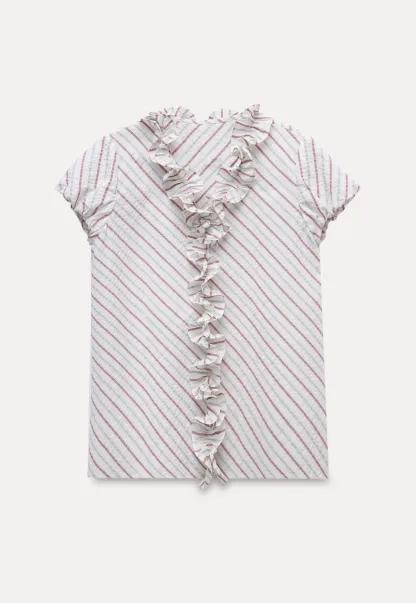 Women’s Ruffle Trim Striped Short Sleeve Blouse