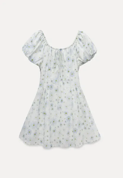 Square Neck Puff Sleeve Daisy Print Dress