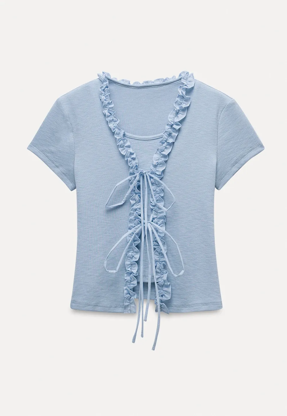 Short Sleeve Ruffle Crop Top with Bow Detail