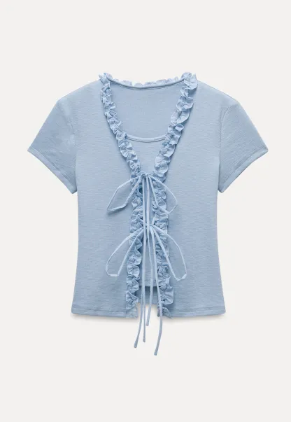 Short Sleeve Ruffle Crop Top with Bow Detail