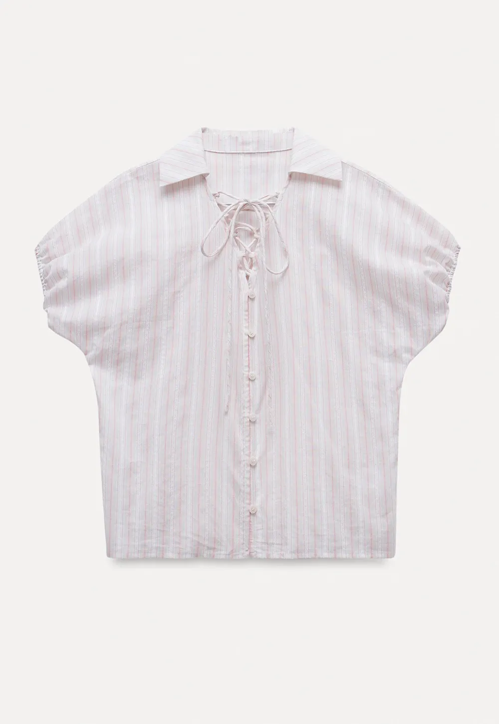 Striped Short Sleeve Blouse with Lace-Up Neck