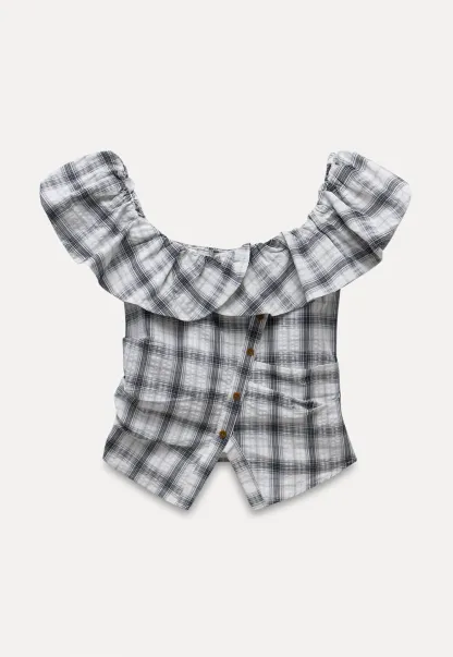 Off-Shoulder Plaid Ruffle Top