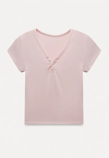 Women's V Neck Button Front Short Sleeve T-Shirt