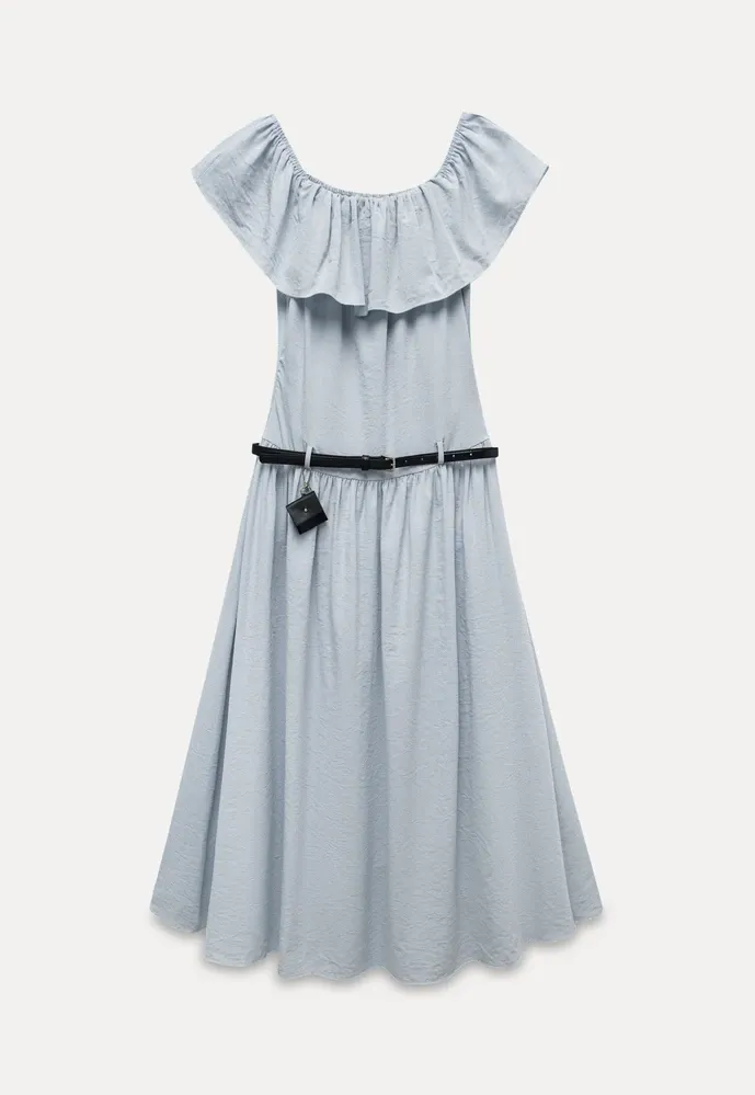 Women’s Off-Shoulder Ruffle Belted Midi Dress