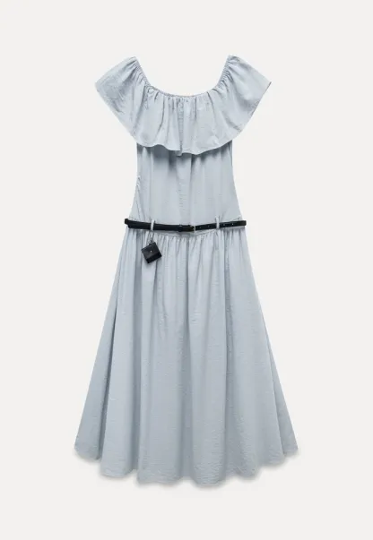Women’s Off-Shoulder Ruffle Belted Midi Dress