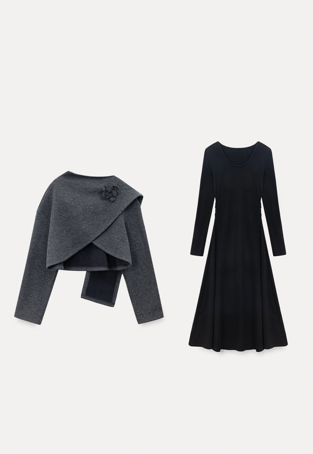 Black Long Sleeve Dress with Grey Cardigan Set