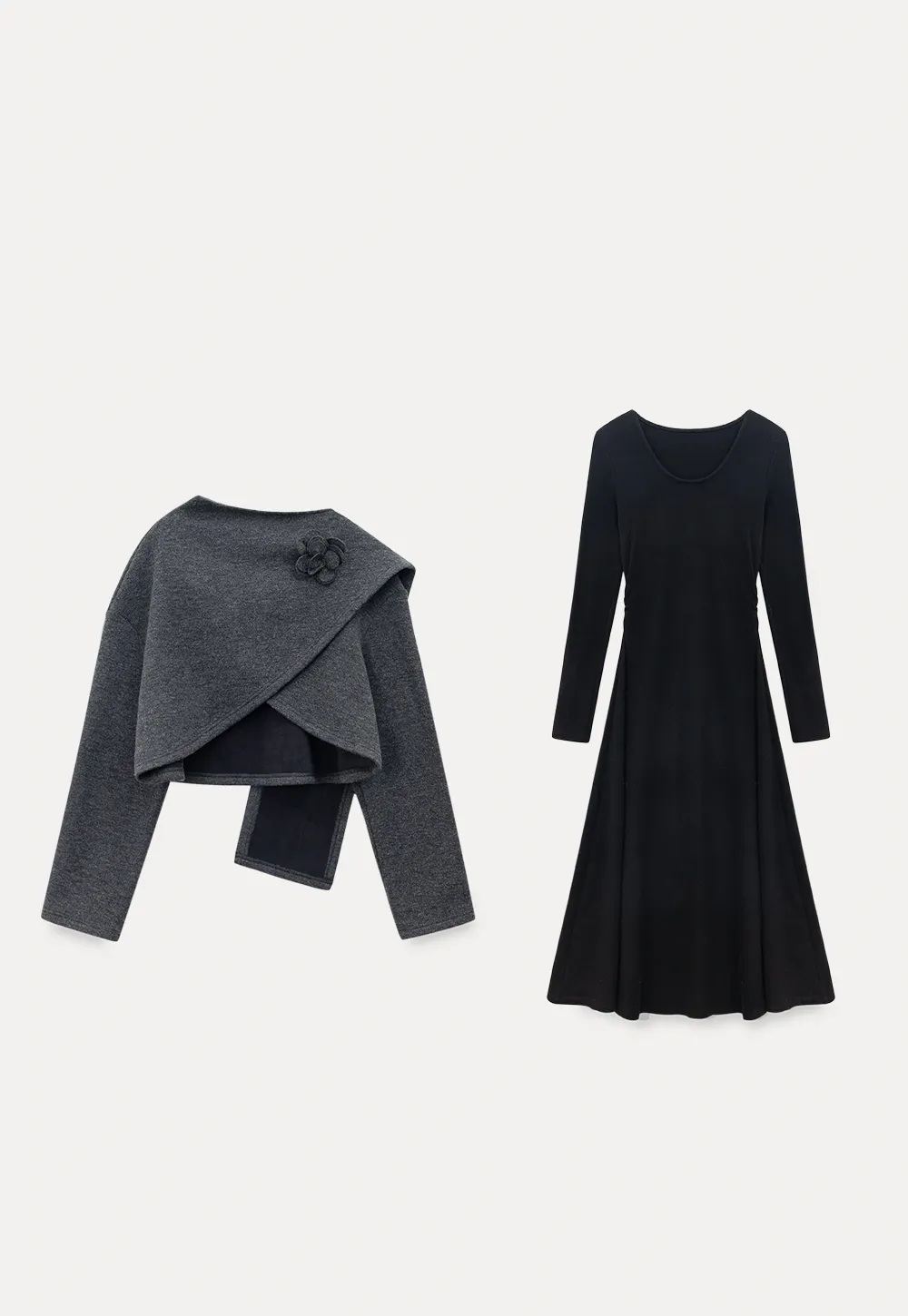 Black Long Sleeve Dress with Grey Cardigan Set
