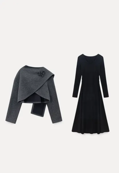 Black Long Sleeve Dress with Grey Cardigan Set