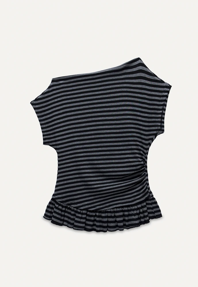 Women’s Striped Asymmetric Ruffle-Hem Tee