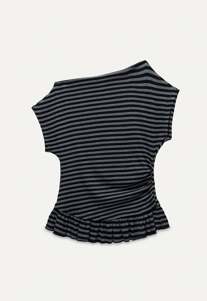 Women’s Striped Asymmetric Ruffle-Hem Tee