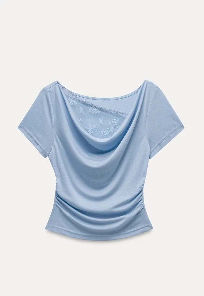 Women’s Cowl Neck Lace-Back Ruched Tee