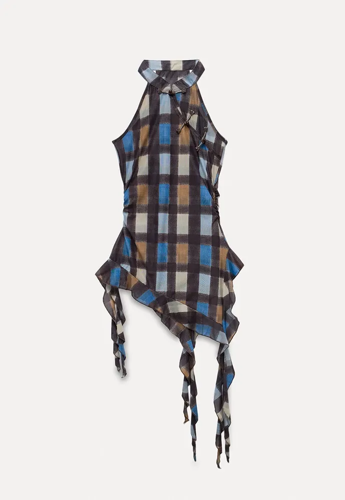 Women’s Plaid Frog-Button Handkerchief-Hem Halter Top