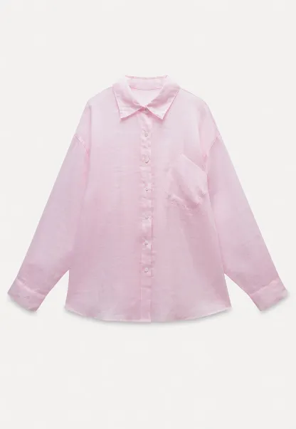 Women's Long Sleeve Button Down Linen Shirt with Pocket