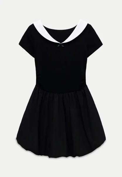 Contrast Collar Puff Sleeve Mini Dress
