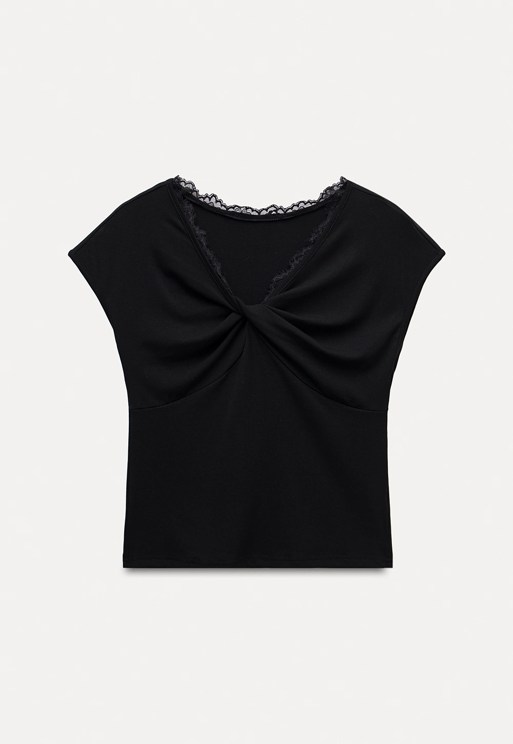 Women's Ruched V-Neck Lace Trim Fitted T-Shirt