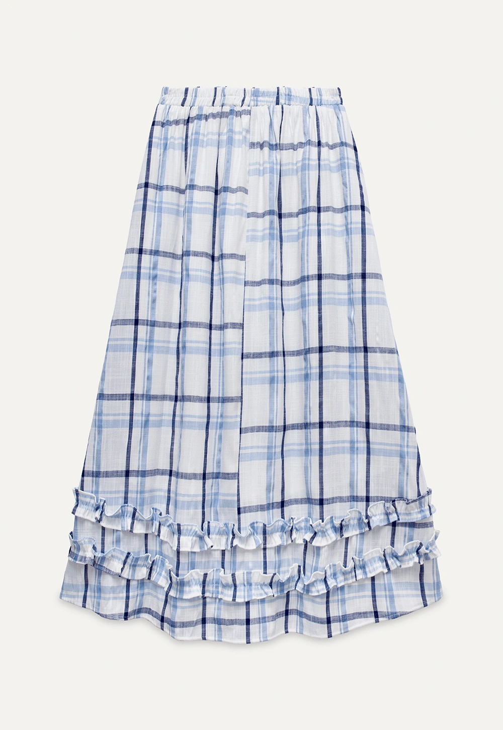 Blue-Check Ruffled Hem Midi Skirt