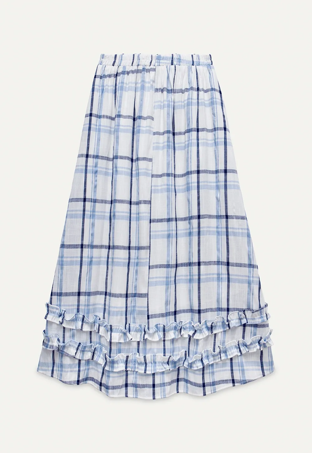 Blue-Check Ruffled Hem Midi Skirt