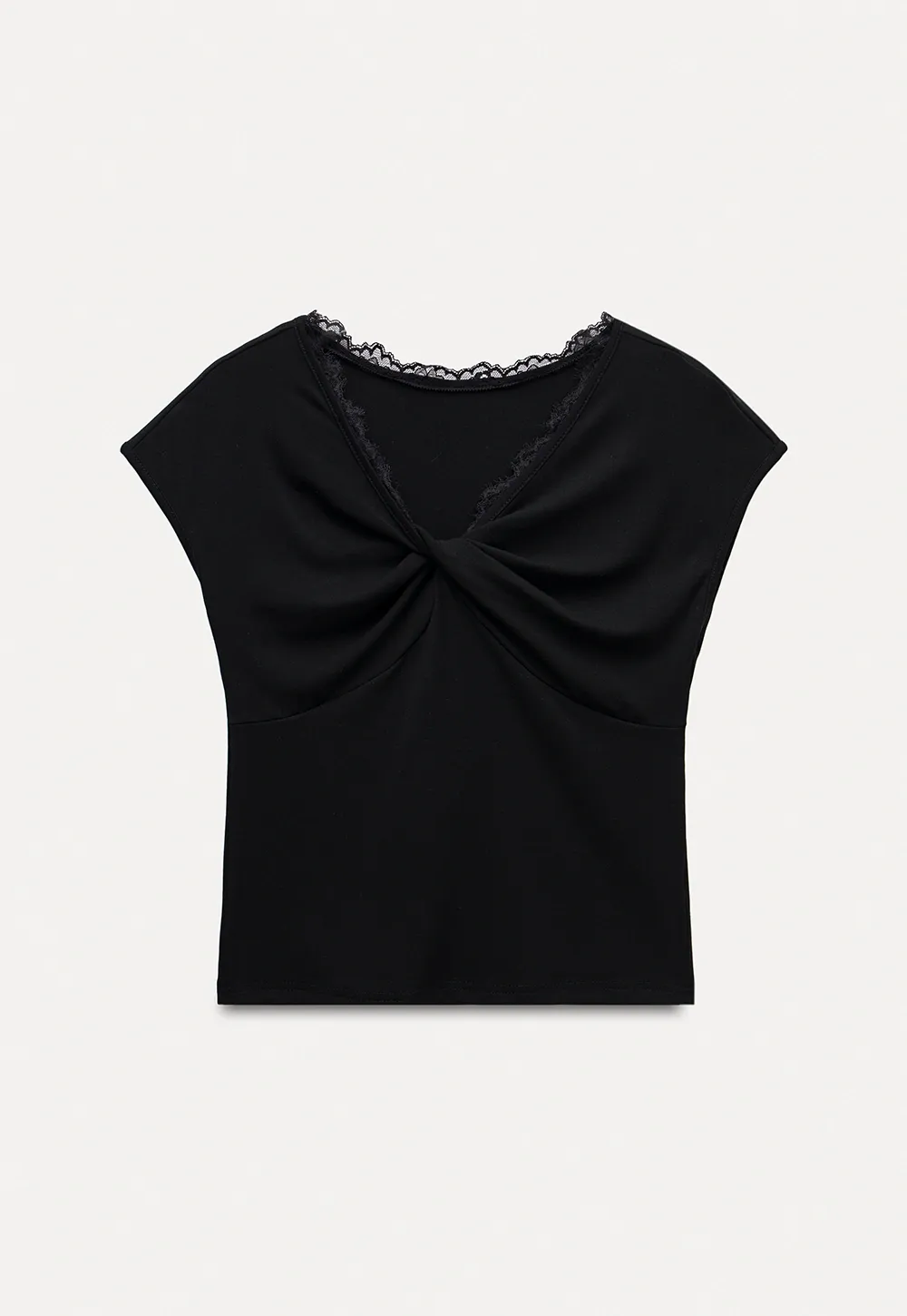 Women's Ruched V-Neck Lace Trim Fitted T-Shirt