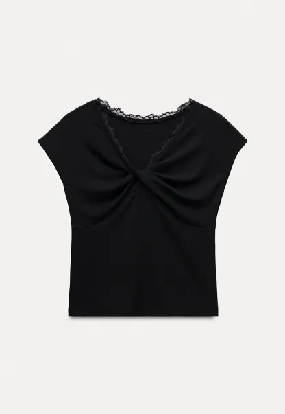 Women's Ruched V-Neck Lace Trim Fitted T-Shirt