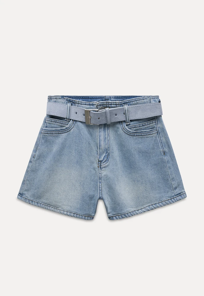Belted High-Waist Denim Shorts
