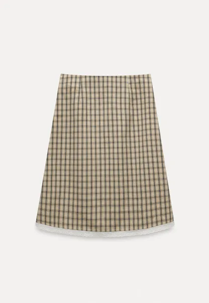 Women's Plaid A-Line Skirt with Lace Trim