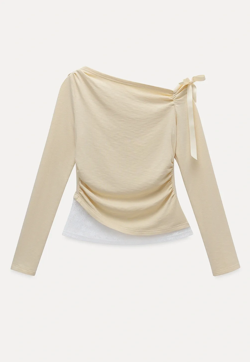 Women One Shoulder Tie Ruched Long Sleeve Off Shoulder Tee