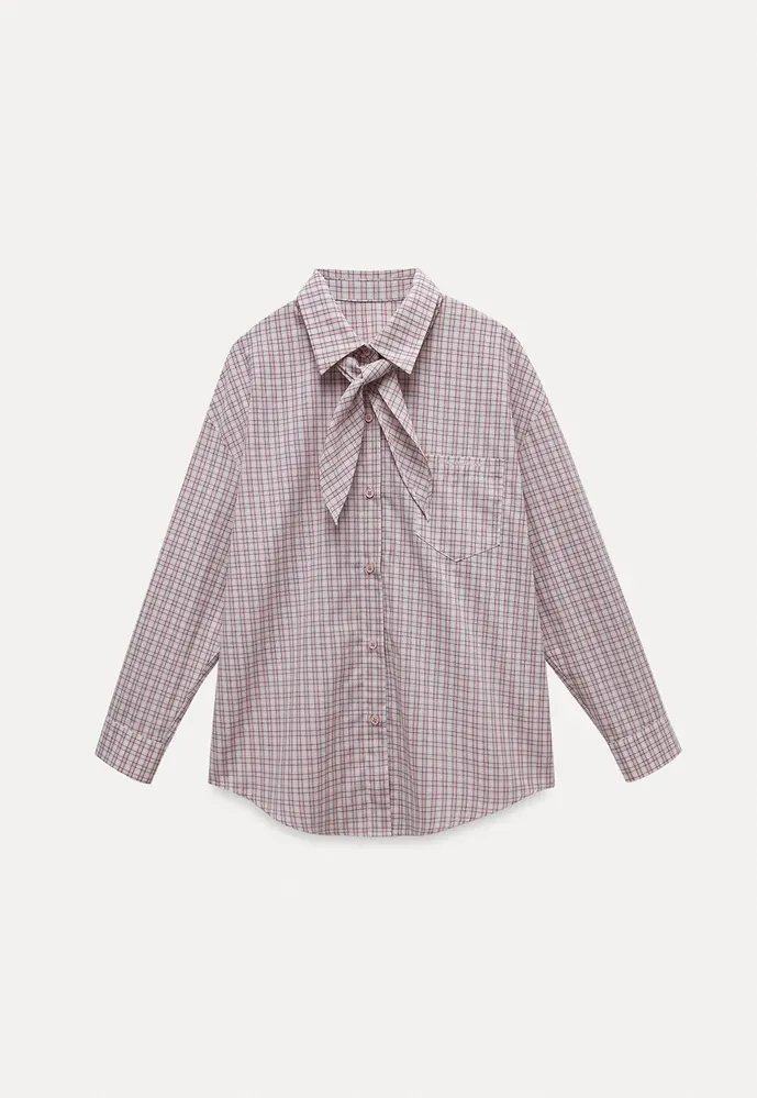 Women Plaid Tie‑Neck Shirt