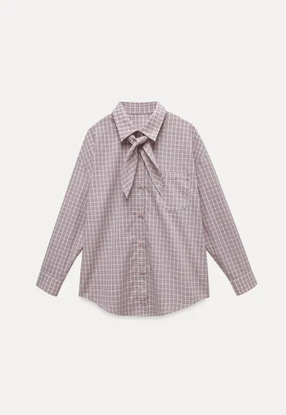 Women Plaid Tie‑Neck Shirt