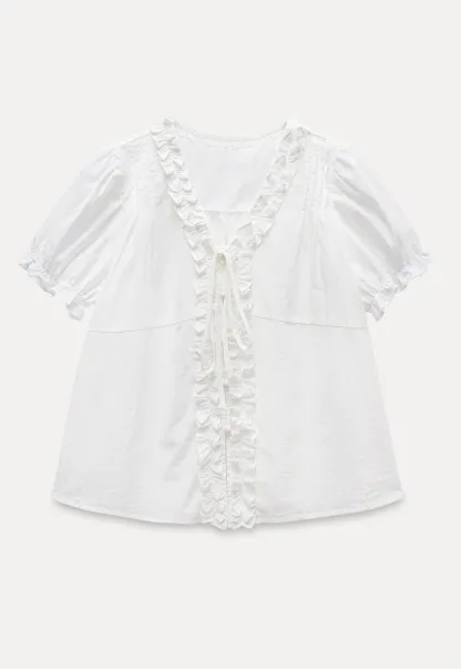 Women's Ruffle Trim Puff Sleeve Blouse