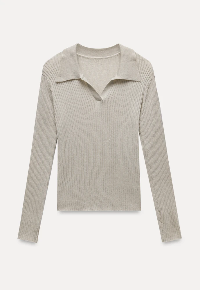 Ribbed Open-Collar Knit Top