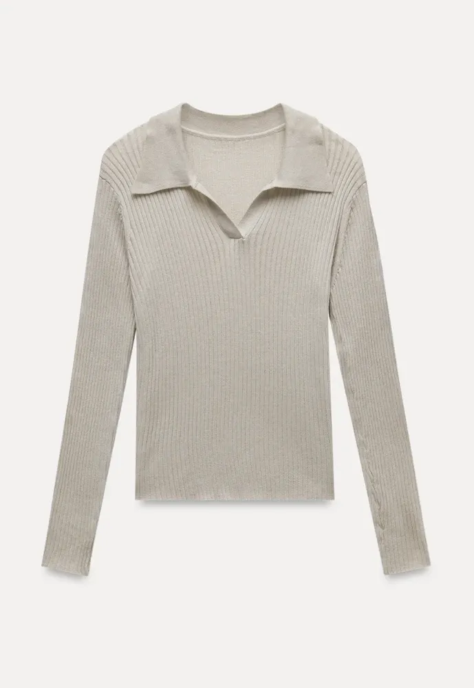 Ribbed Open-Collar Knit Top
