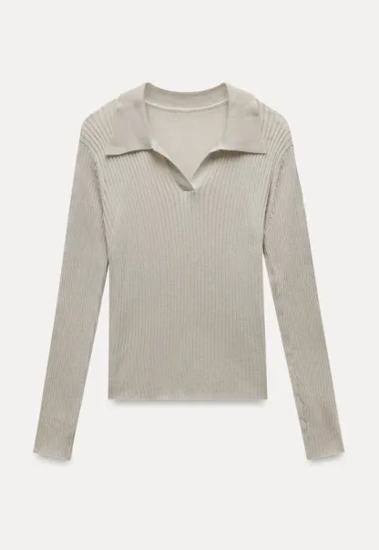 Ribbed Open-Collar Knit Top