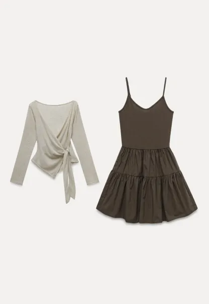 Wrap Tie Top & Tiered Cami Dress Set