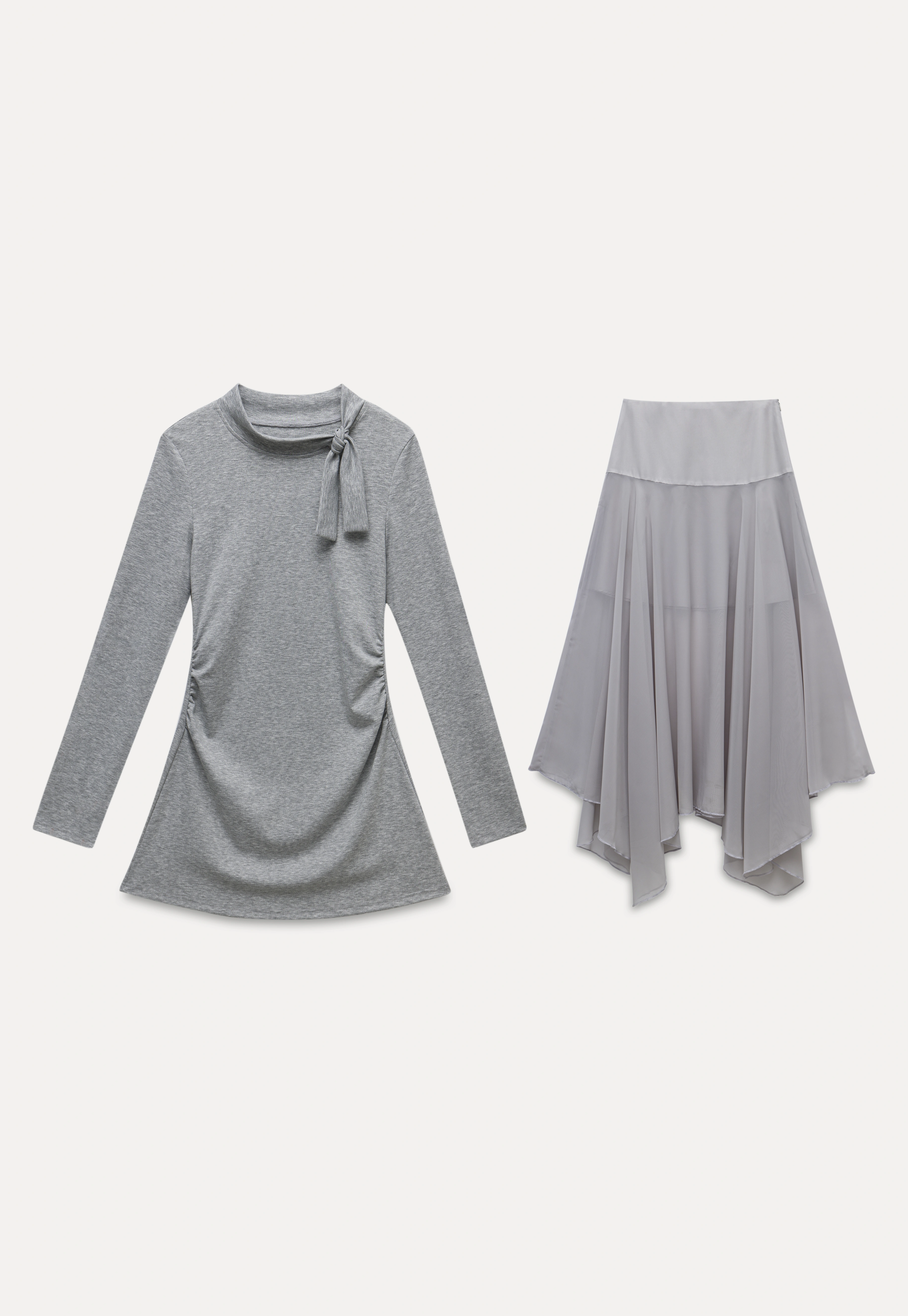 Tie Neck Long Sleeve Top and Asymmetrical Chiffon Skirt Set