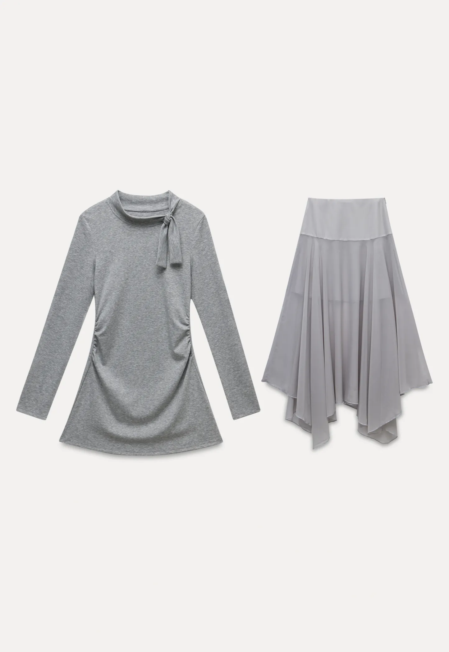 Tie Neck Long Sleeve Top and Asymmetrical Chiffon Skirt Set