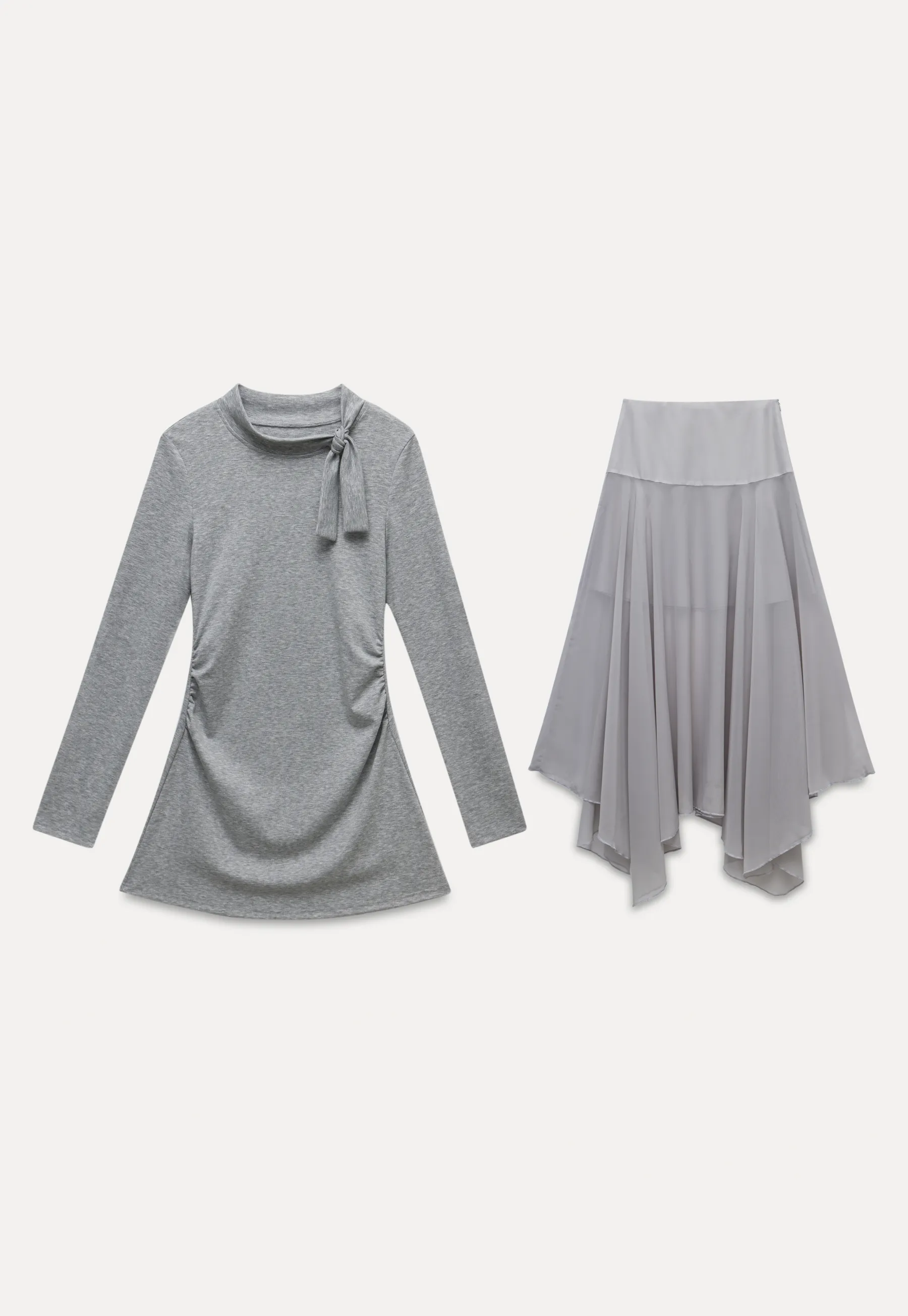 Tie Neck Long Sleeve Top and Asymmetrical Chiffon Skirt Set