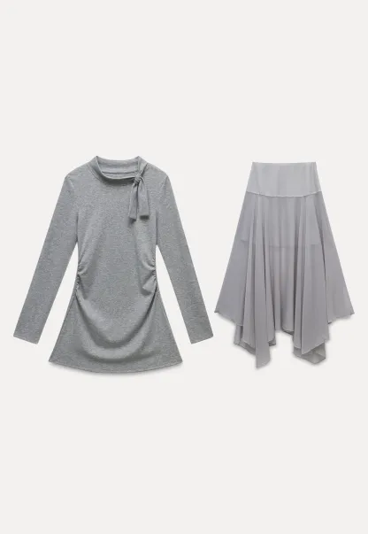 Tie Neck Long Sleeve Top and Asymmetrical Chiffon Skirt Set