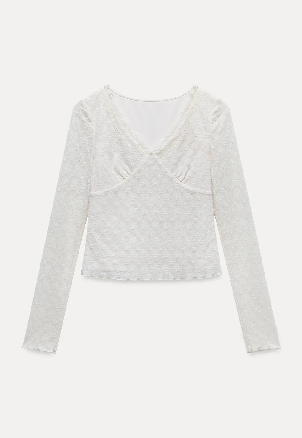 Women's Lace Trim Textured V-Neck Long Sleeve Top