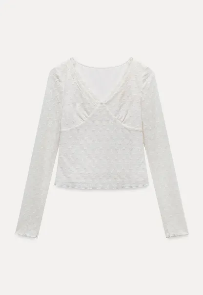 Women's Lace Trim Textured V-Neck Long Sleeve Top