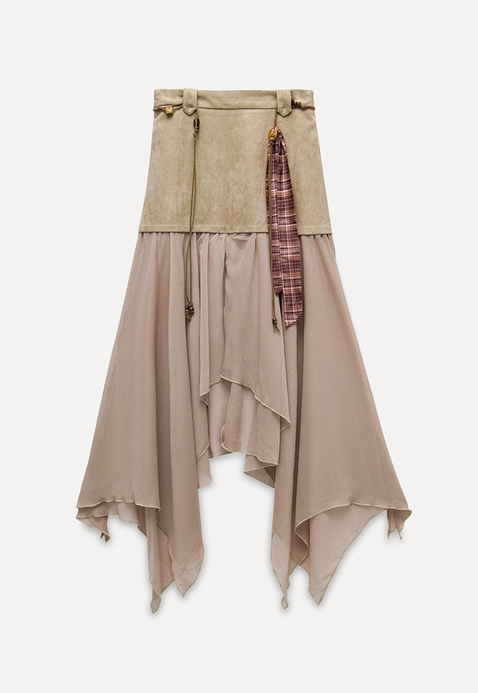 Patchwork Handkerchief-Hem Tie-Waist Skirt