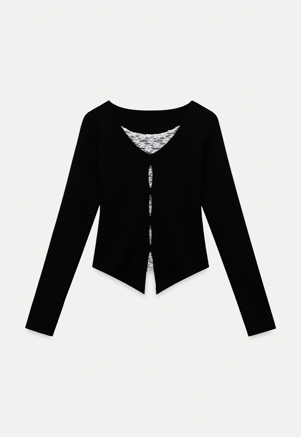 Black Long Sleeve V-Neck Cardigan with Lace Deta
