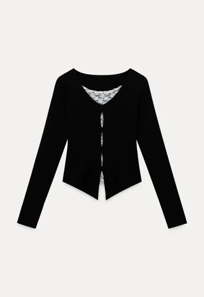 Black Long Sleeve V-Neck Cardigan with Lace Deta
