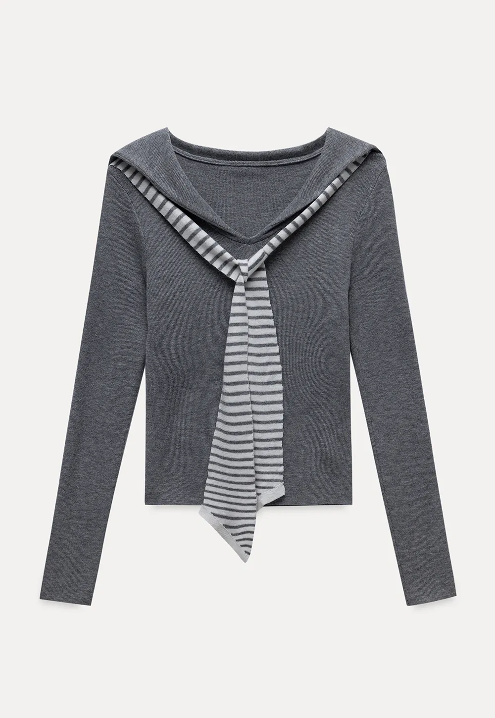 Womens Sailor Collar Long Sleeve Knit Top with Tie