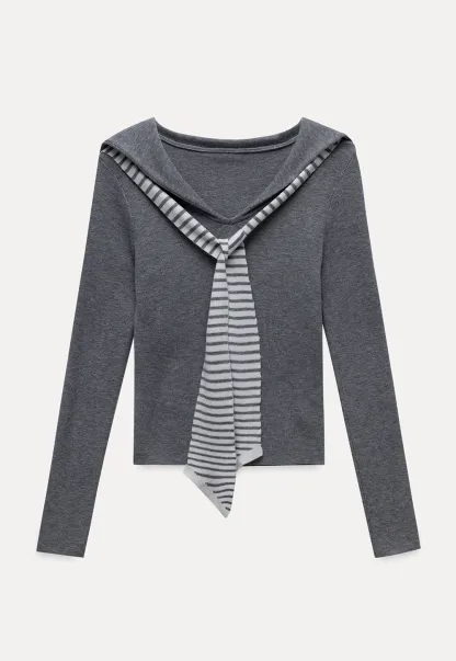 Womens Sailor Collar Long Sleeve Knit Top with Tie