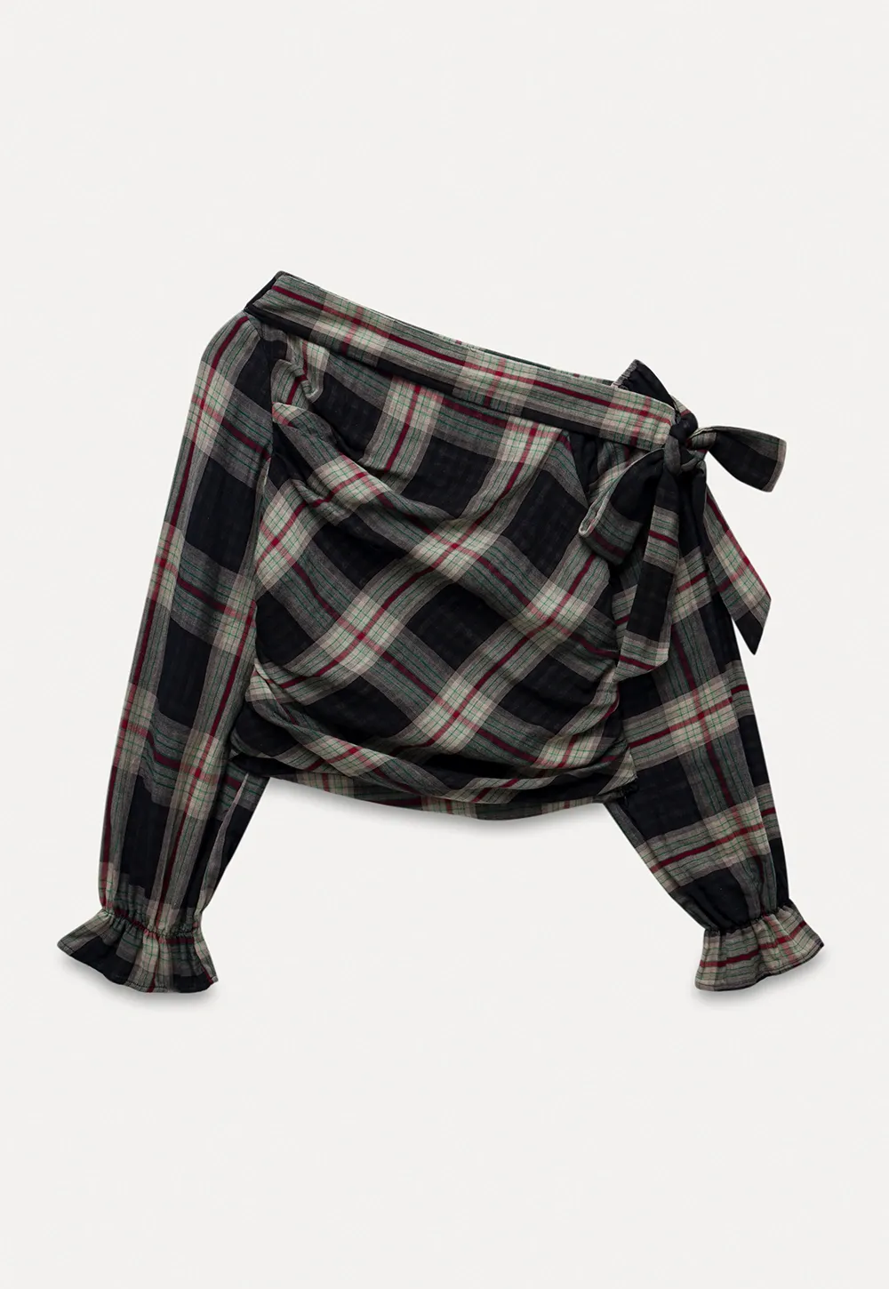 Womens Plaid Off Shoulder Tie Blouse